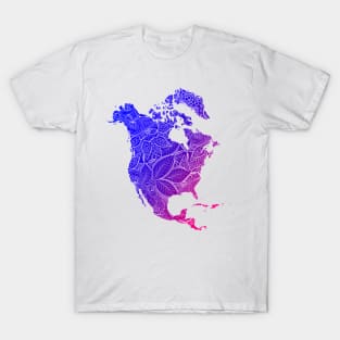 Colorful mandala art map of North America with text in blue and violet T-Shirt